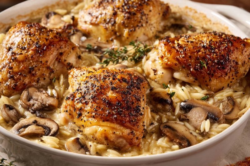 Crispy Skinned Chicken and Creamy Orzo Bake