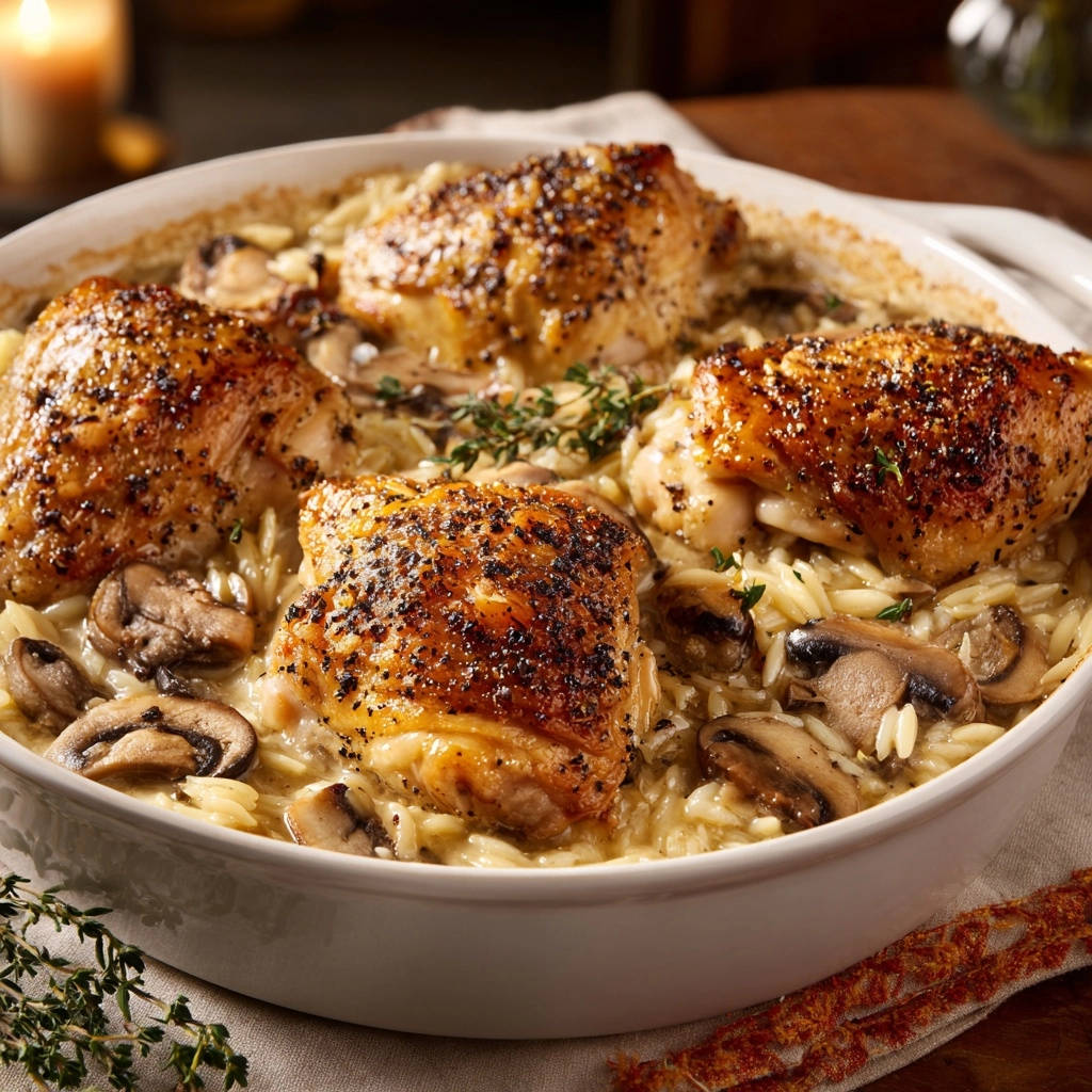 Crispy Skinned Chicken Creamy Orzo Bake Overhead