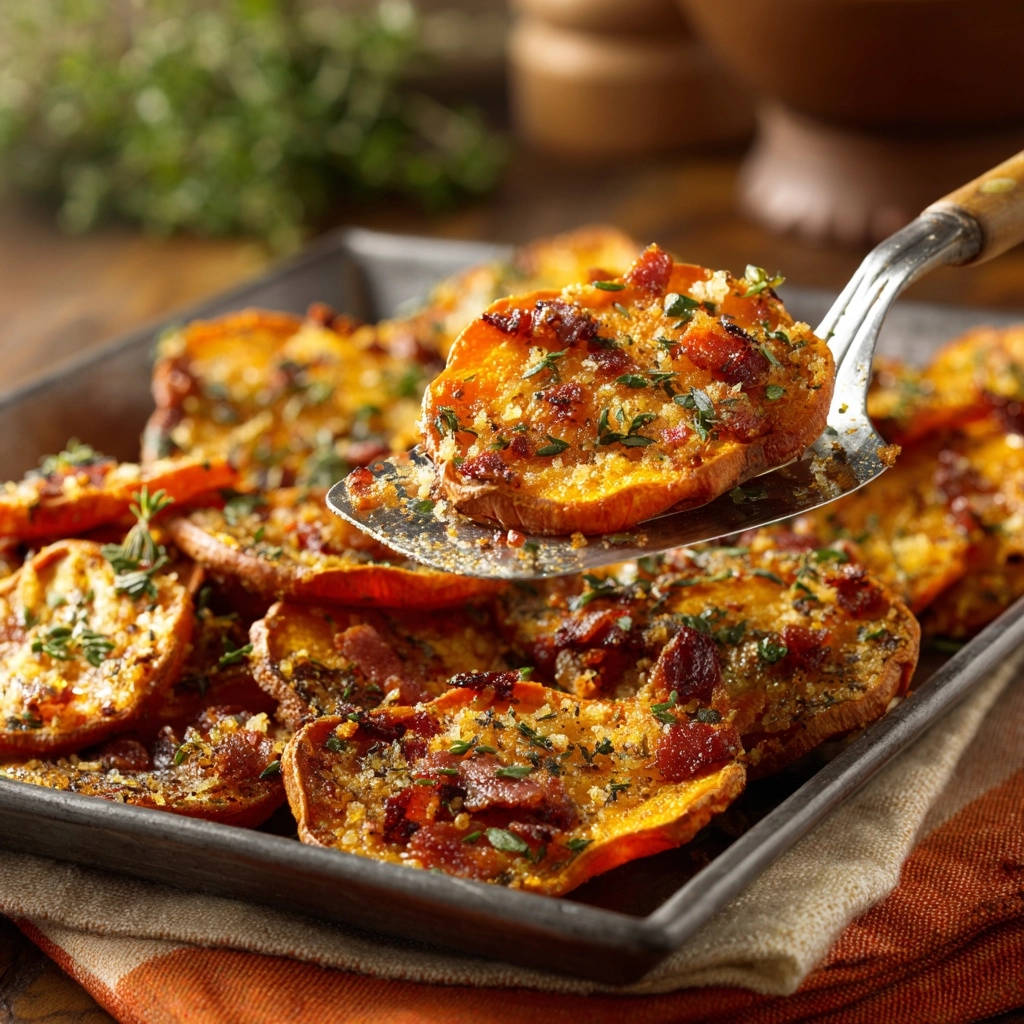 Crispy Sweet Potato Bites With Bacon Close Up Slice