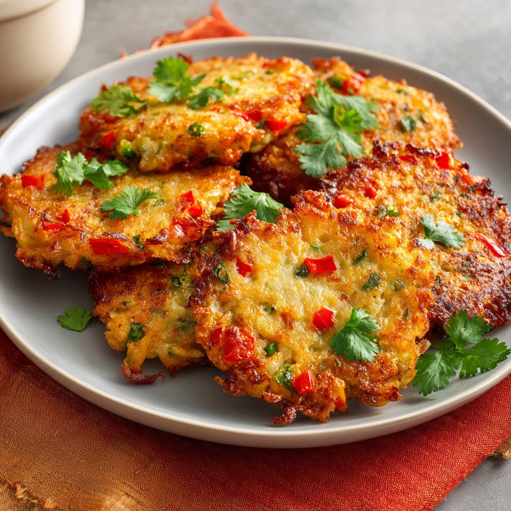 Crispy Veggie Fritters Overhead View Plated