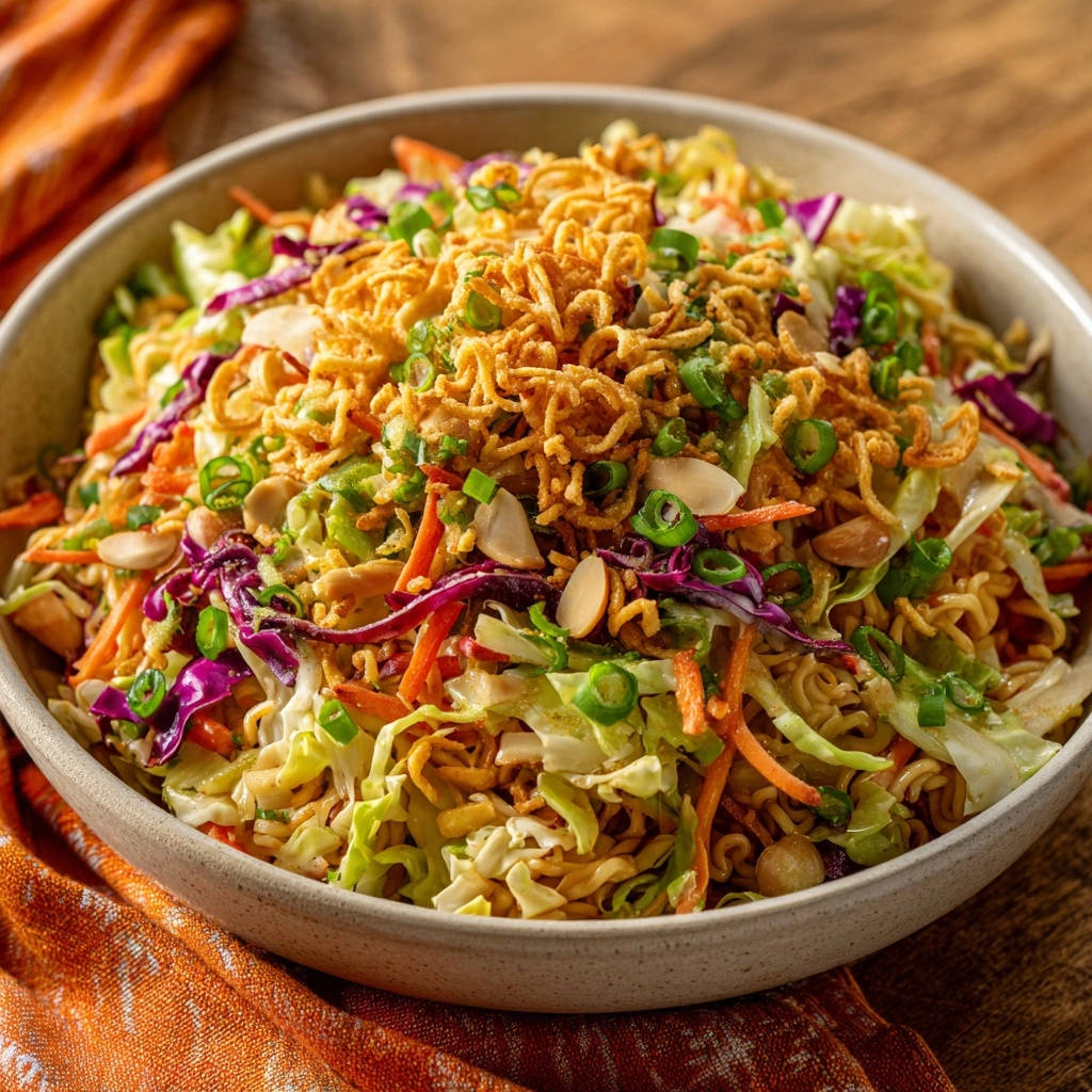 A close-up of a bowl of Easy Asian Crunch Salad with shredded cabbage, carrots, crispy noodles, and green onions.