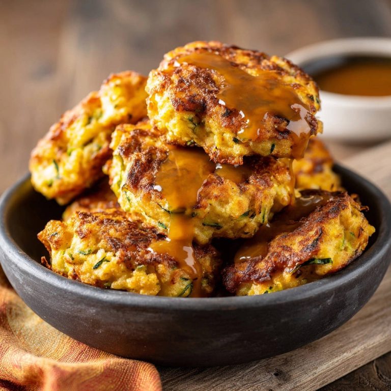 Easy Zucchini Fritters Close Up With Sauce Drizzled