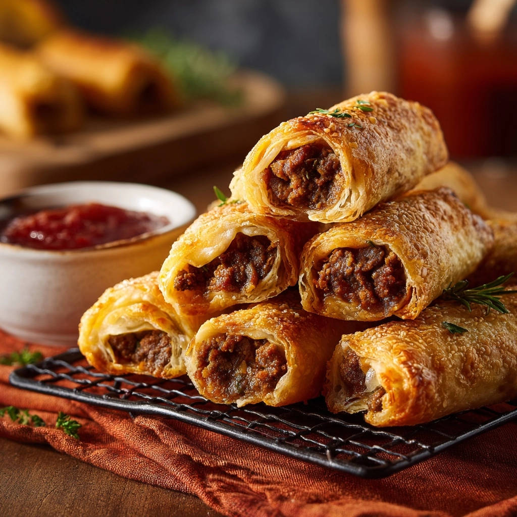 Golden Savory Beef Rolls Close Up Cross Section