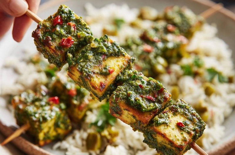 Grilled Paneer Skewers with Cilantro Chutney
