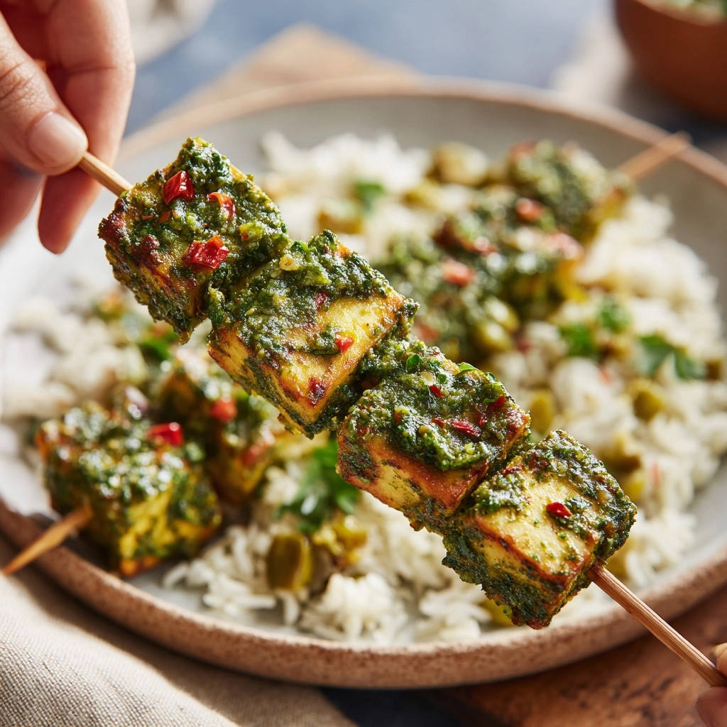 Grilled Paneer Skewers Cilantro Chutney Close Up