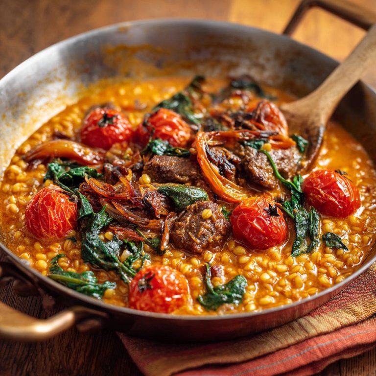 Hearty Beef Barley Stew Close Up In Pan
