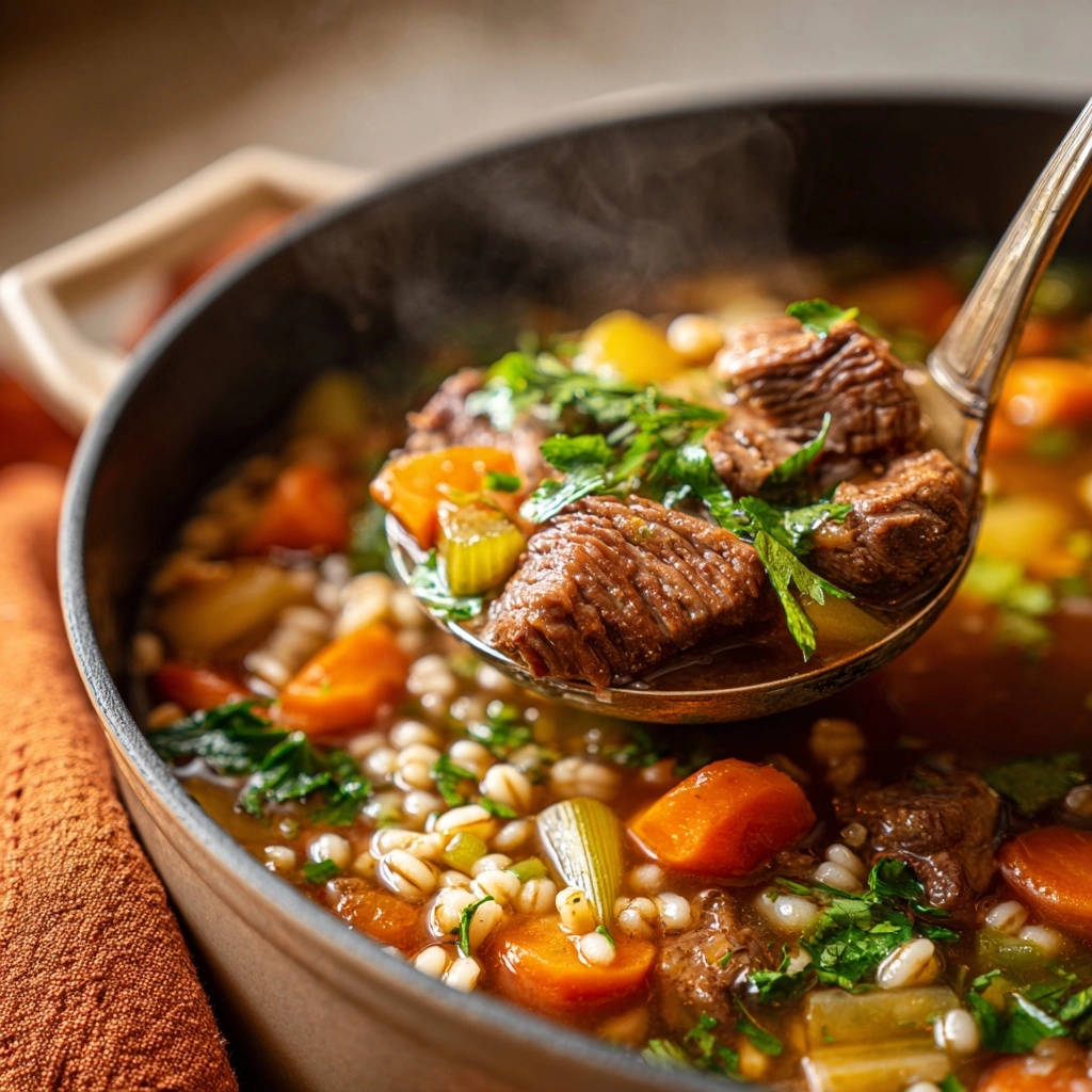 A close-up of hearty beef and barley stew with tender beef chunks, carrots, and barley being scooped from the pot.