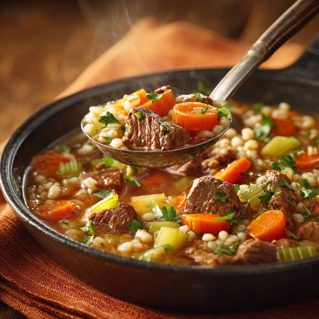 Hearty Beef Barley Stew Ladle Close Up