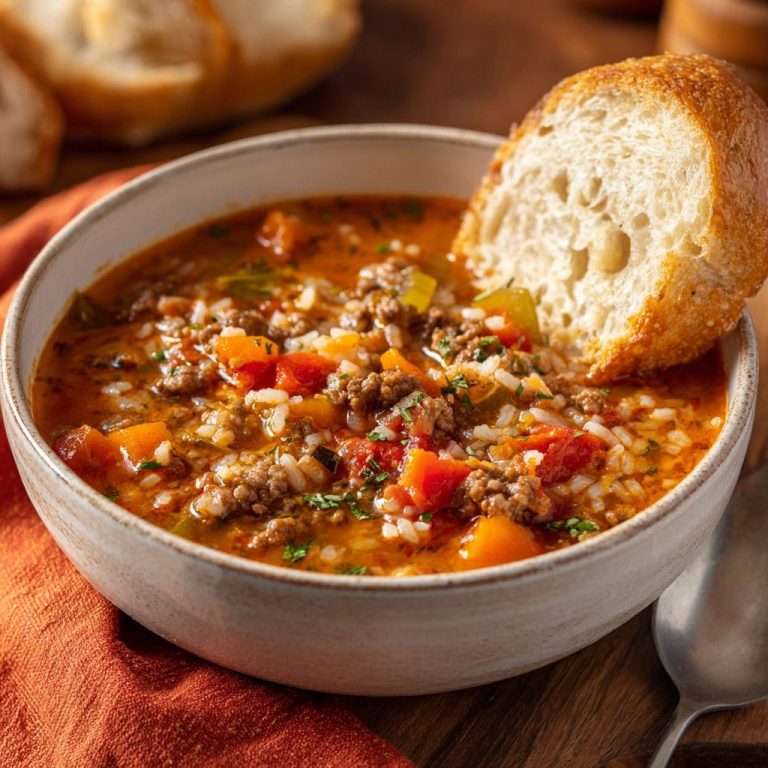 Hearty Beef Rice Soup Bread Slice Dipping