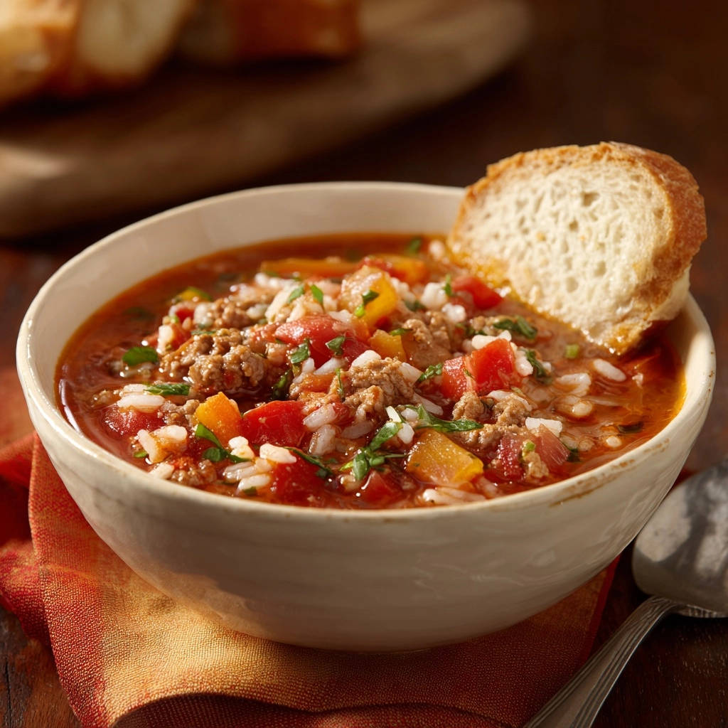 Hearty Beef Rice Soup Close Up Serving 1