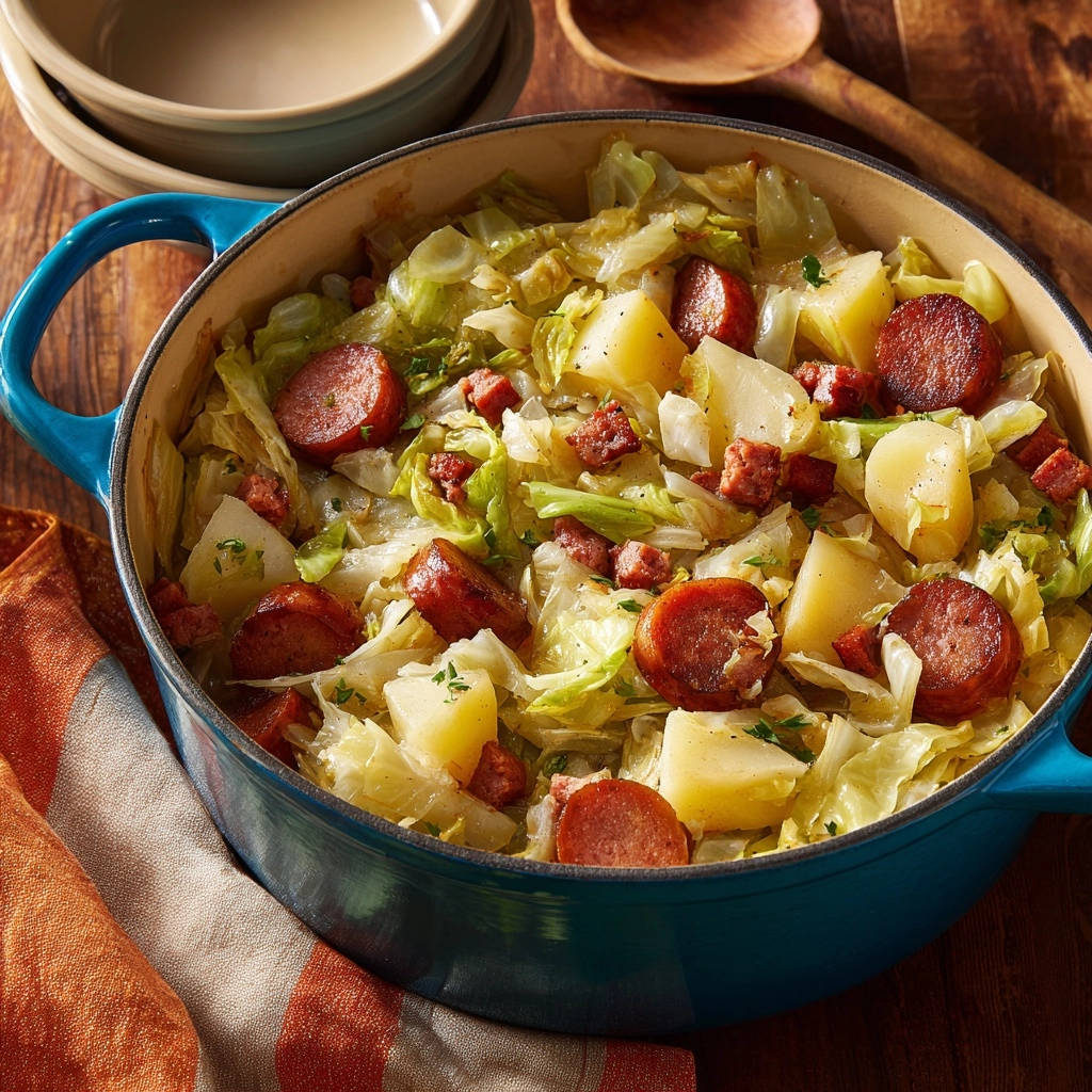 Hearty One Pot Smoked Sausage Cabbage Stew Overhead 1