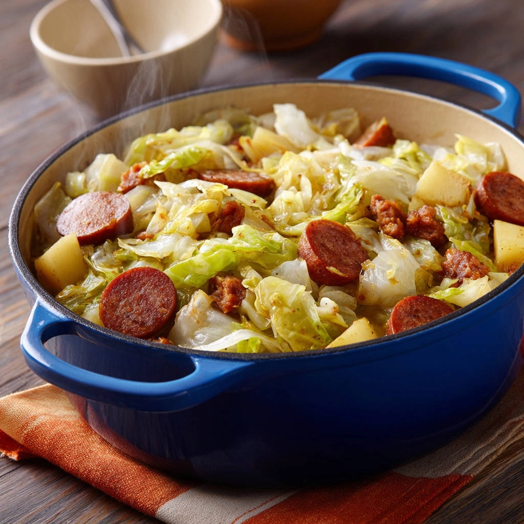 Hearty One Pot Smoked Sausage Cabbage Stew Steaming