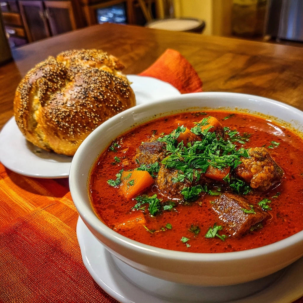 Hearty Sausage Beef Stew Close Up Bowl 1