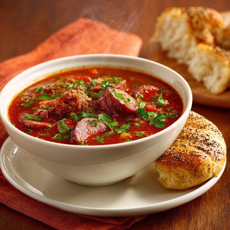 Hearty Sausage Beef Stew Close Up Bowl
