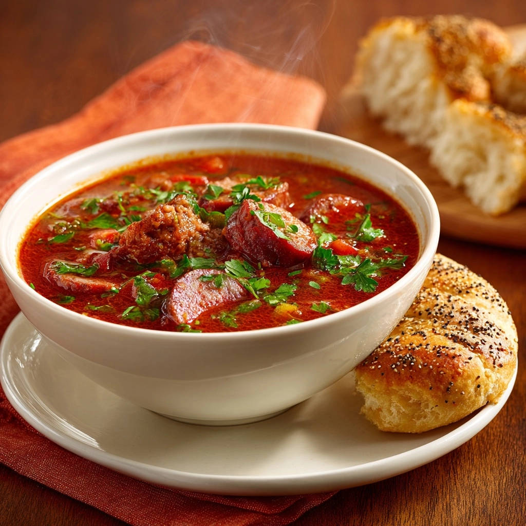 Hearty Sausage Beef Stew Close Up Bowl