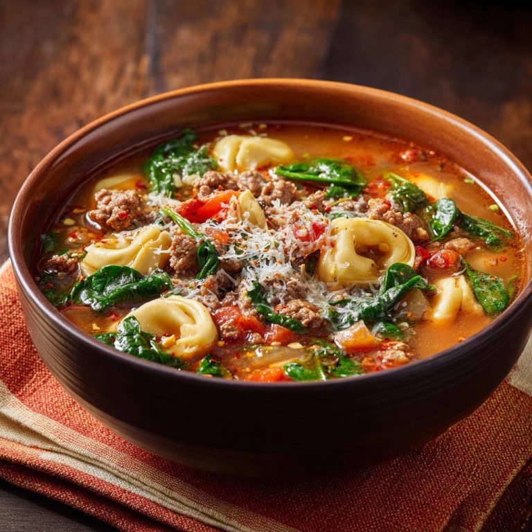 Hearty Tortellini And Meat Soup Close Up