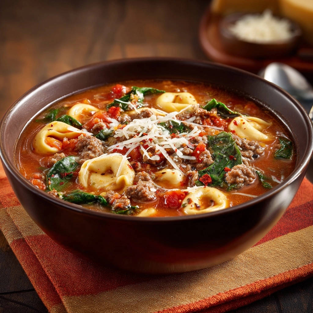 Hearty Tortellini And Meat Soup Close Up Bowl 1