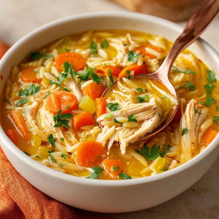 Homestyle Chicken Orzo Soup Close Up Spoonful