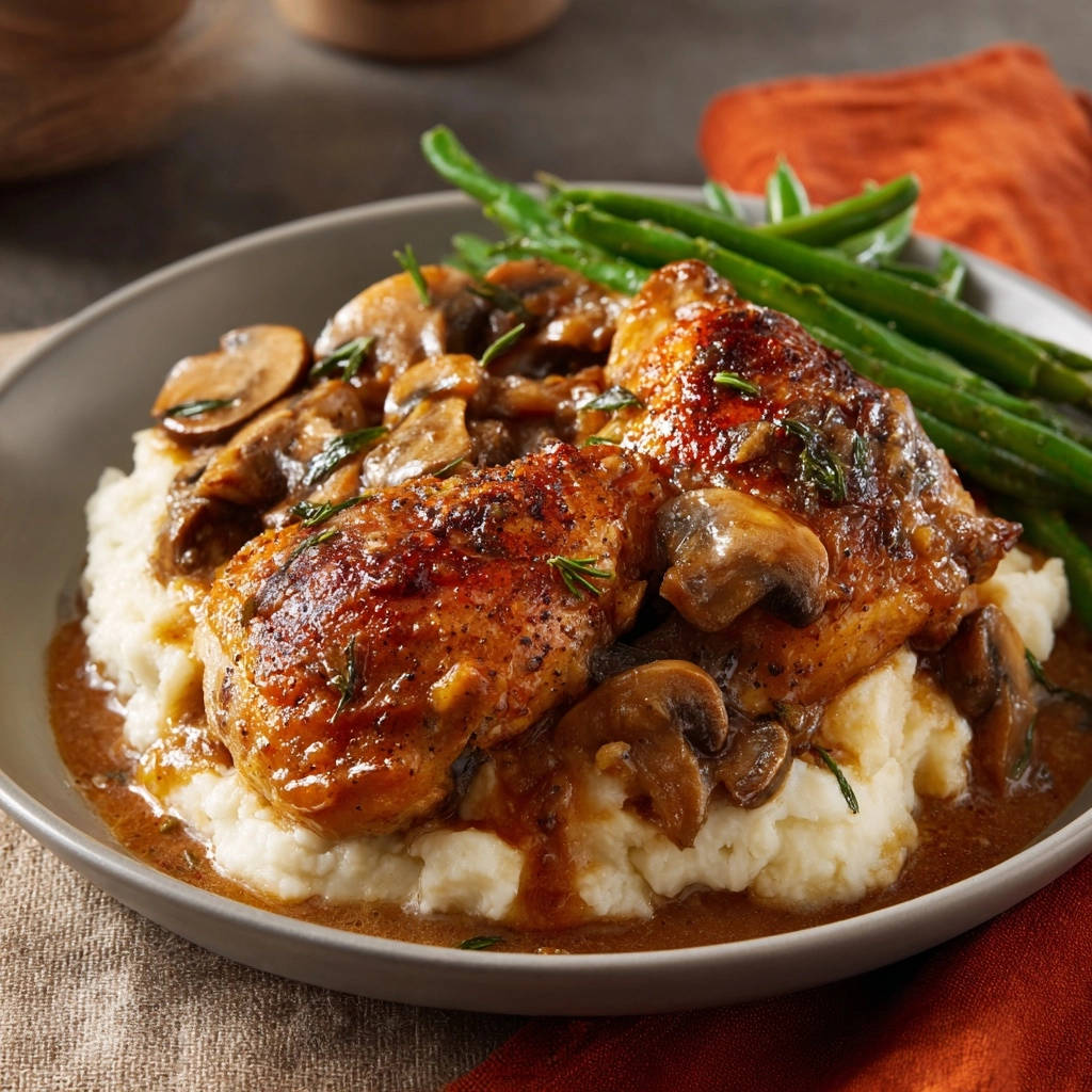 Homestyle Mushroom Chicken Plated With Mashed Potatoes