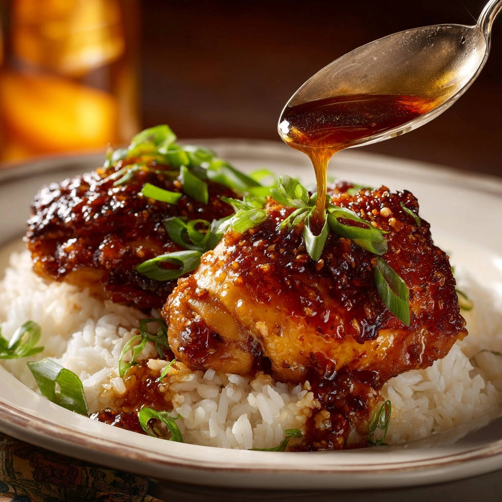 Honey Garlic Glazed Chicken Thighs Spoon Glaze Pour