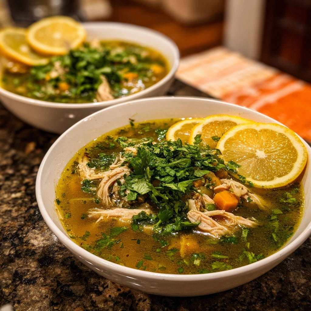 Lemon Herb Chicken Soup Close Up Lemon Garnish