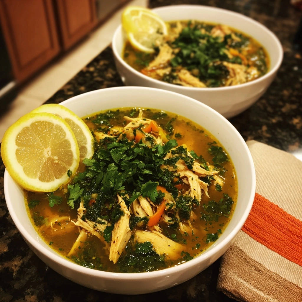 Lemon Herb Chicken Soup Close Up Served 1