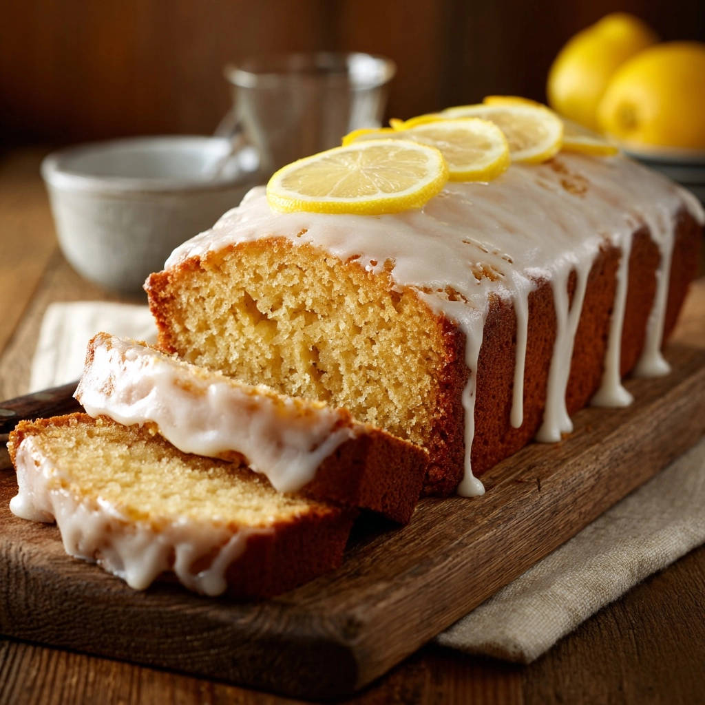 A moist Lemon Sunshine Loaf is sliced and drizzled with white glaze, garnished with fresh lemon slices on a wooden board.
