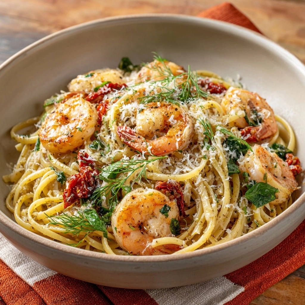 Lemony Garlic Shrimp Linguine Overhead View 1