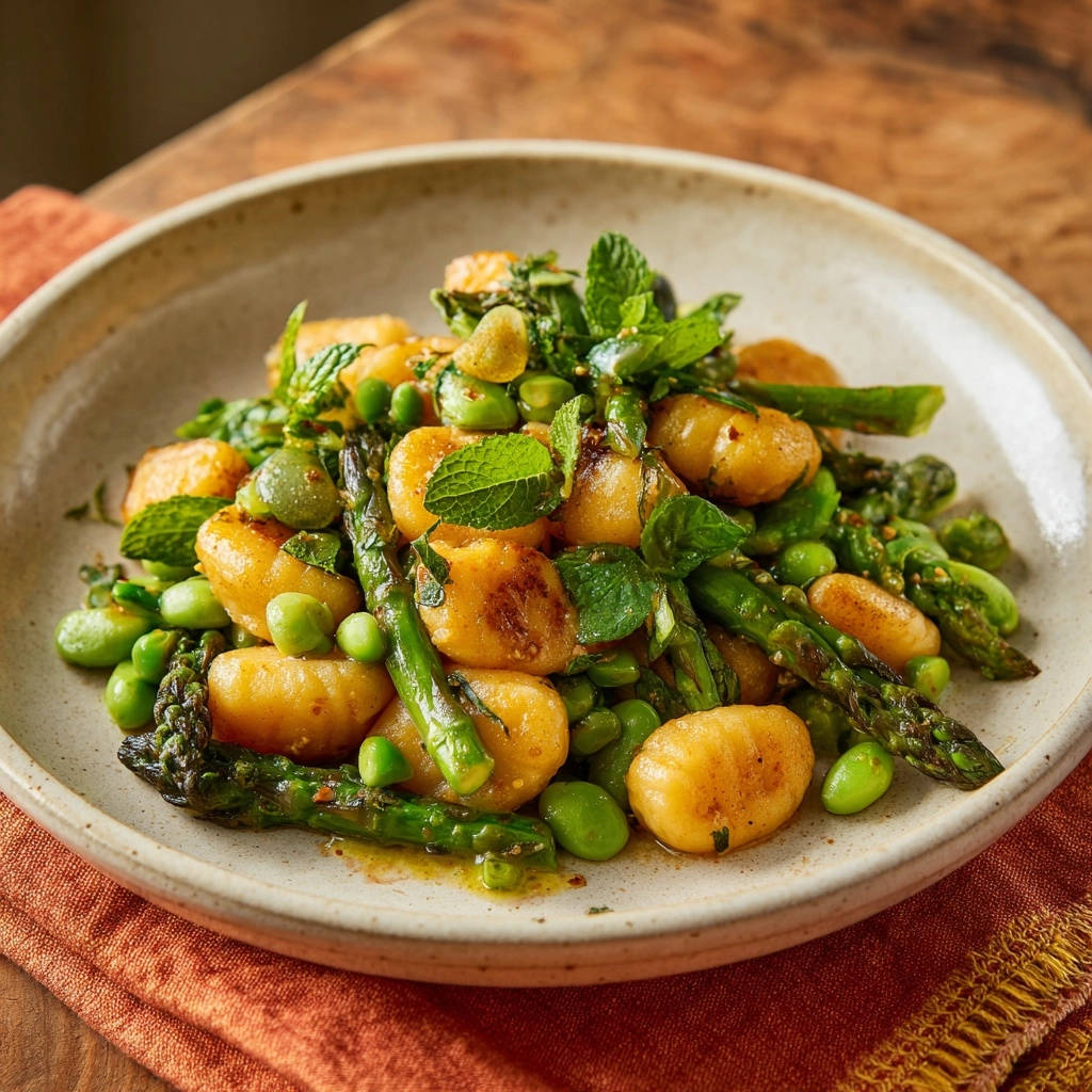 Pan Seared Gnocchi Spring Veggies Plated Overhead
