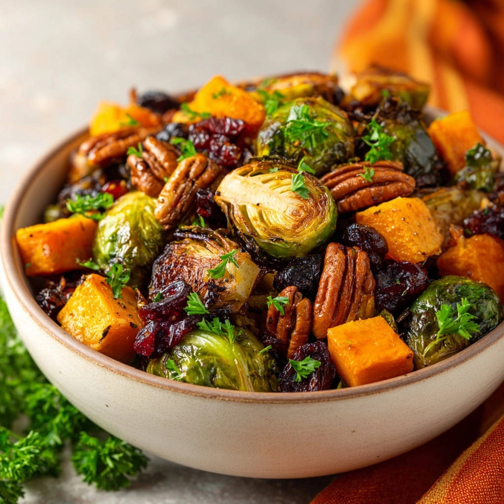Roasted Sweet Potato Brussels Sprouts Close Up 1