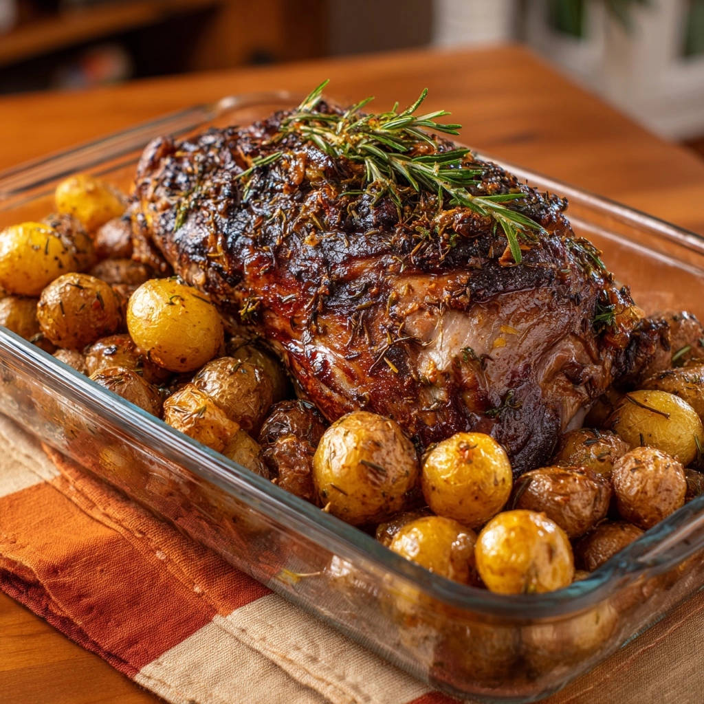 Rosemary Garlic Roast Potatoes Close Up Rosemary Garnish