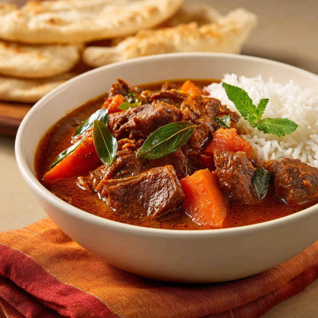 Savory Beef Carrot Curry Close Up Bowl