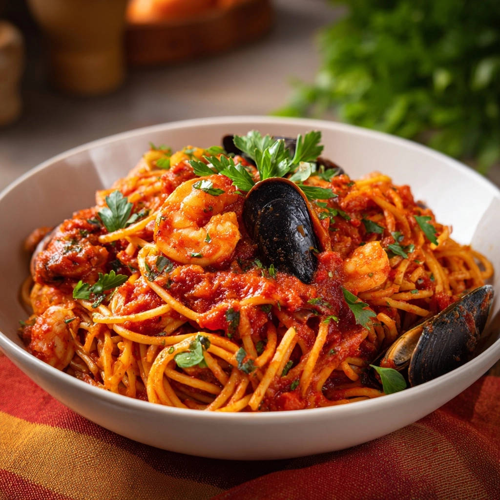 Seafood Spaghetti Close Up Of Ingredients