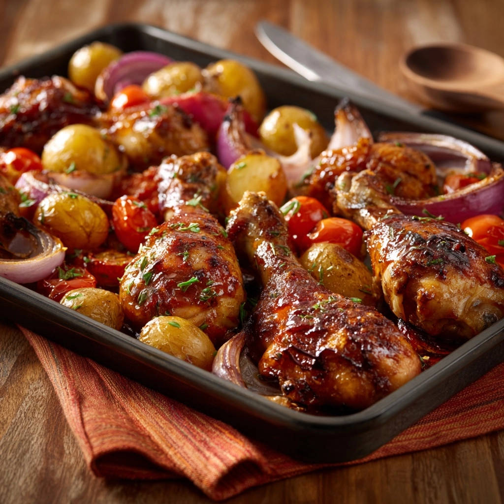 Sheet Pan Chicken Roasted Veggies Close Up Drumsticks 1