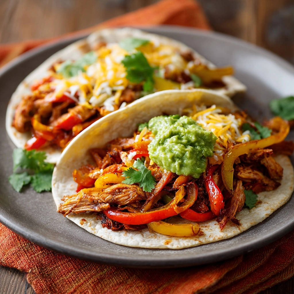 Shredded Chicken Fajita Tacos Close Up Guacamole