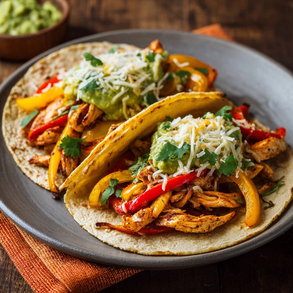 Shredded Chicken Fajita Tacos Plated Overhead 1