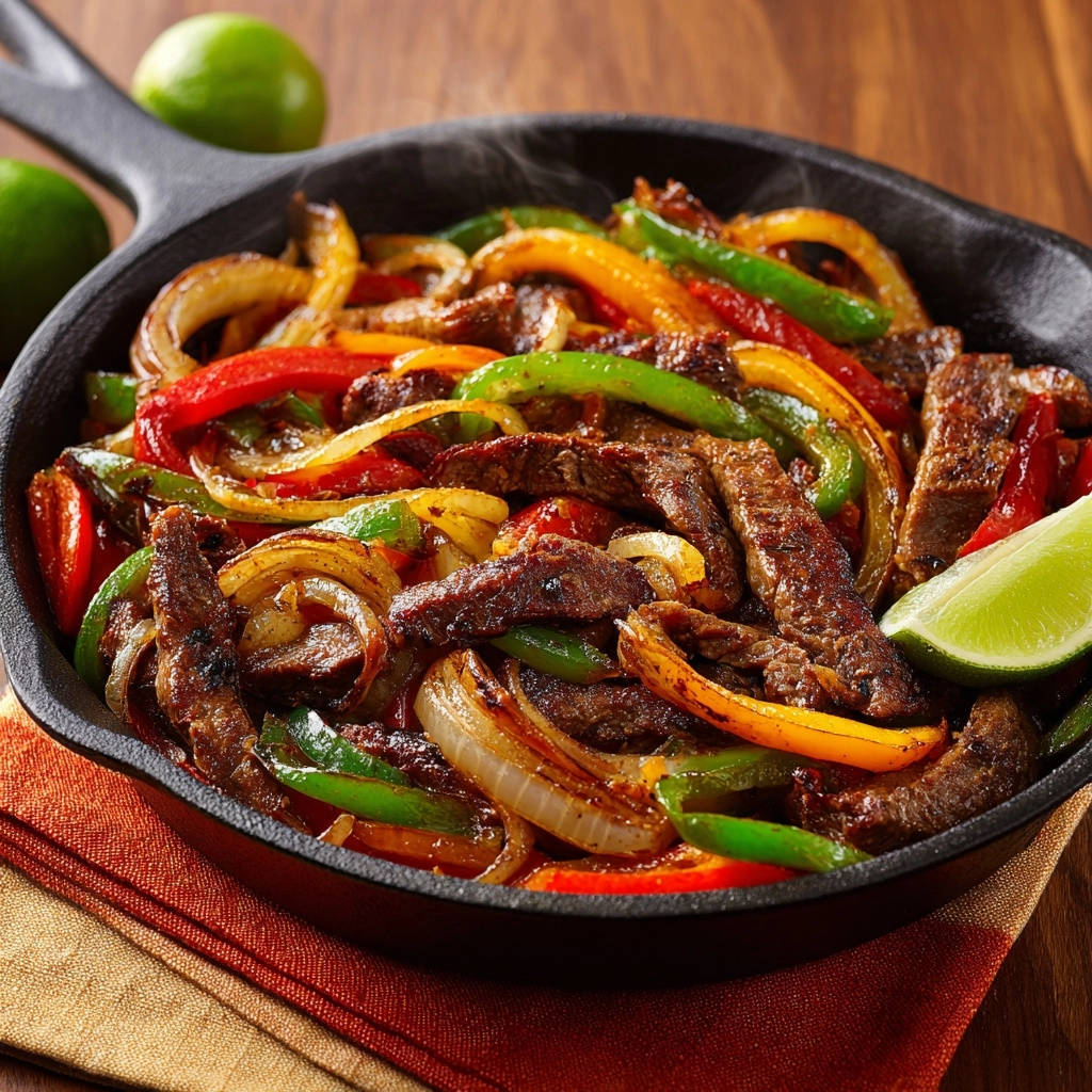 Sizzling Skillet Beef Fajitas Close Up Detail 1