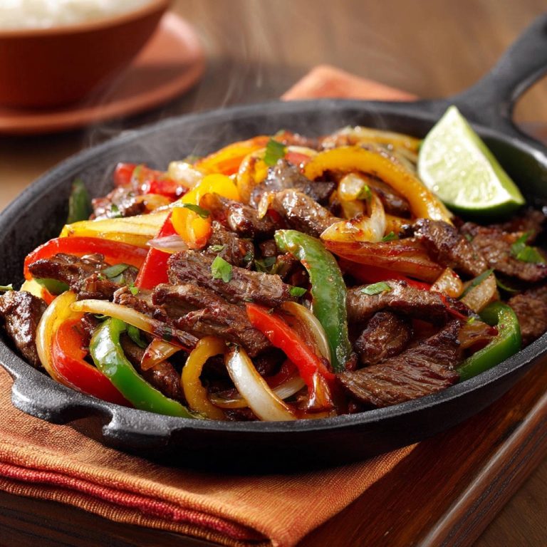 Sizzling Skillet Beef Fajitas Steaming Close Up