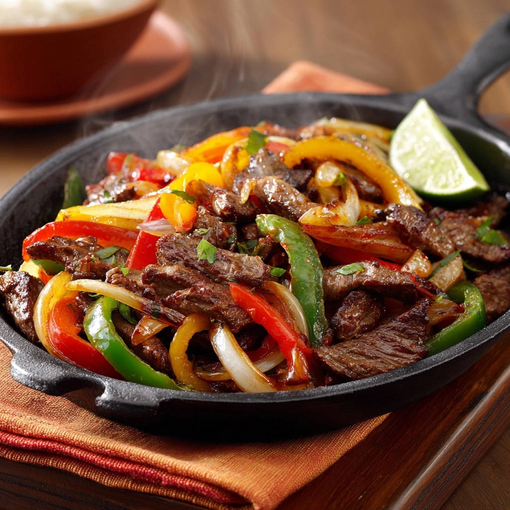 Sizzling Skillet Beef Fajitas Steaming Close Up