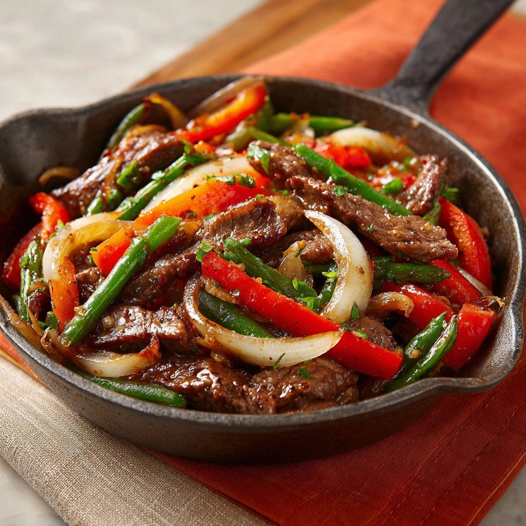 Skillet Beef & Veggies with red bell peppers, onions, and green beans are served in a cast iron skillet.