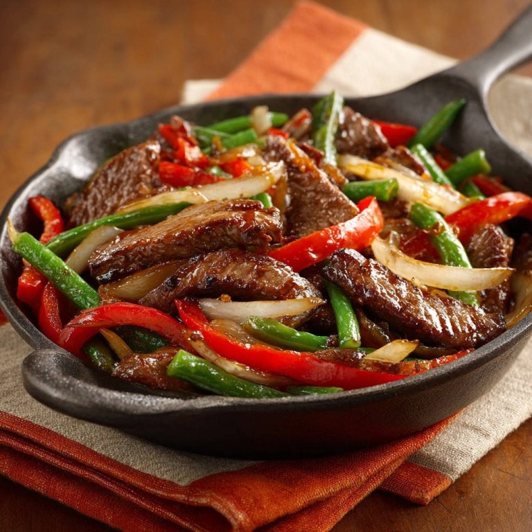 Skillet Beef Veggies Close Up Cast Iron