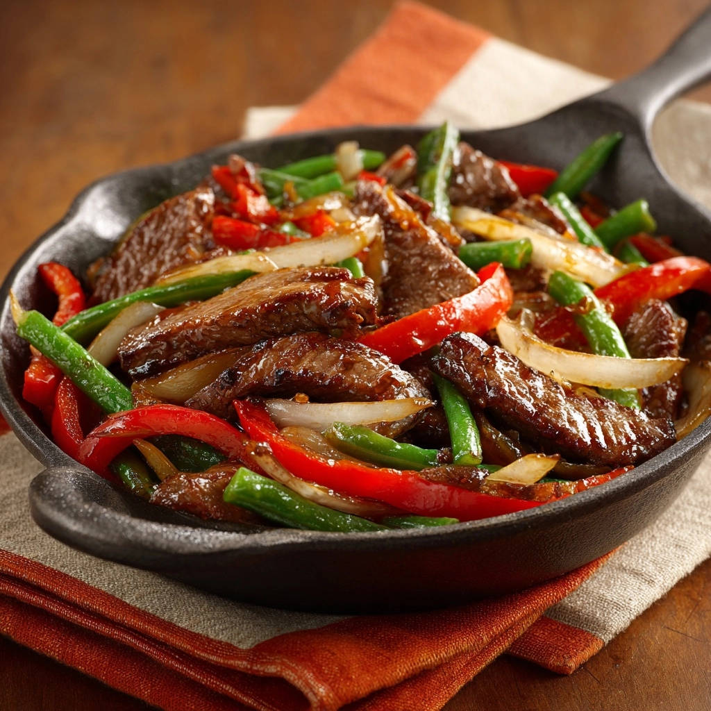 Skillet Beef Veggies Close Up Cast Iron