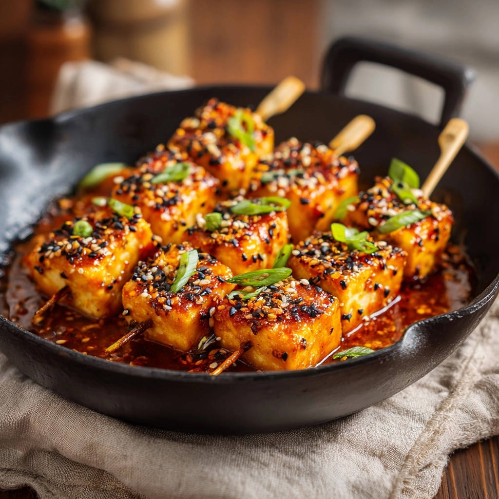 Skillet Glazed Tofu Skewers Close Up Detail