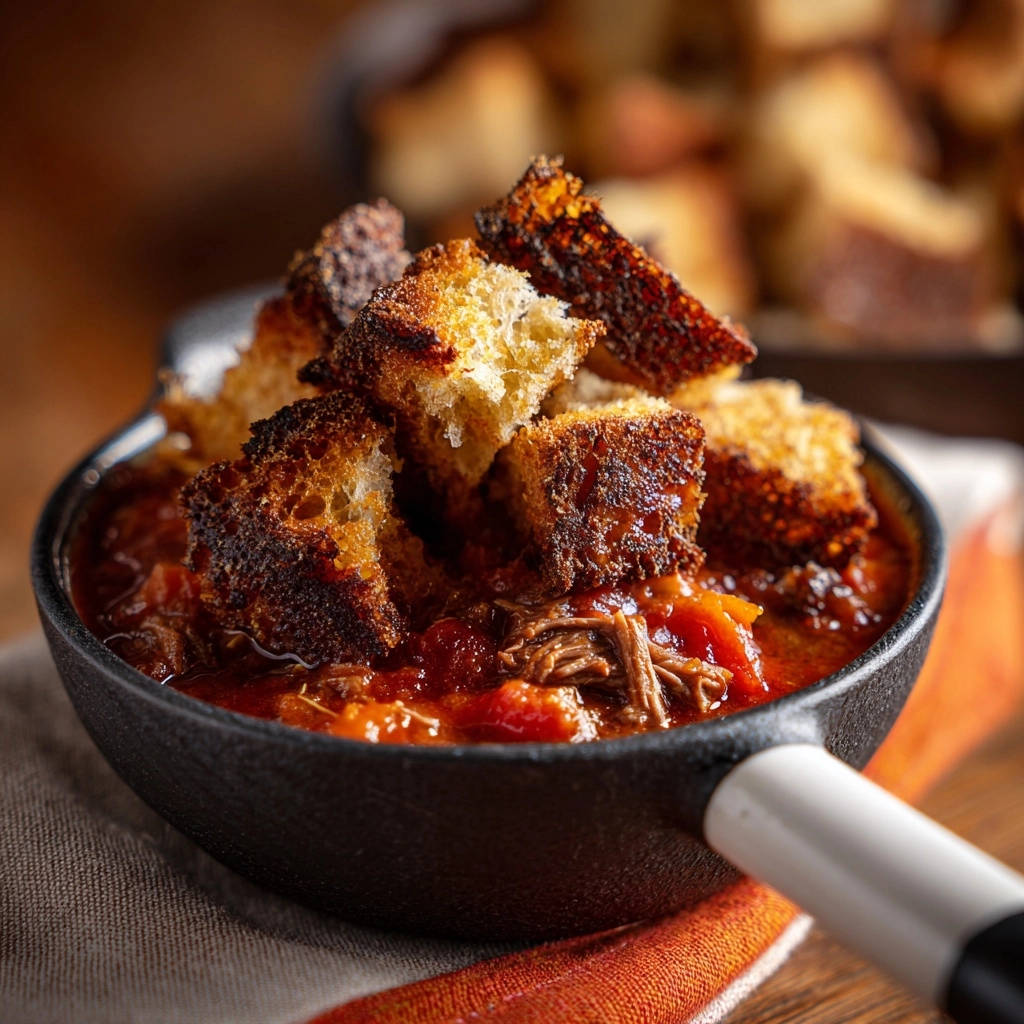 Skillet Meatballs And Sauce Close Up Croutons 1