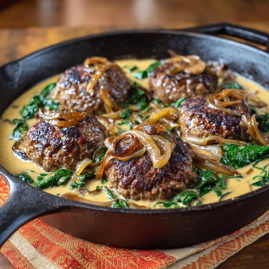 Skillet Salisbury Steak Close Up In Cast Iron 1