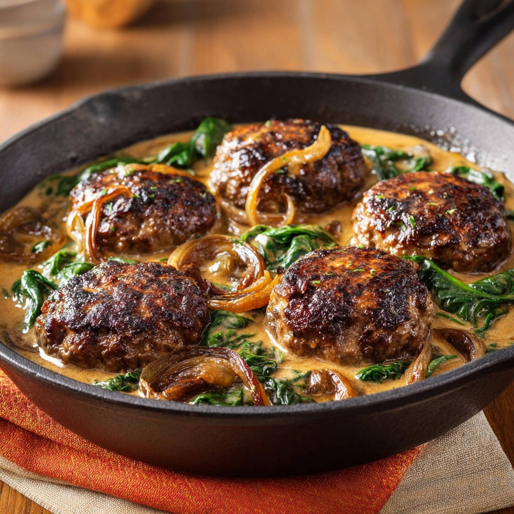 Skillet Salisbury Steak Close Up In Cast Iron