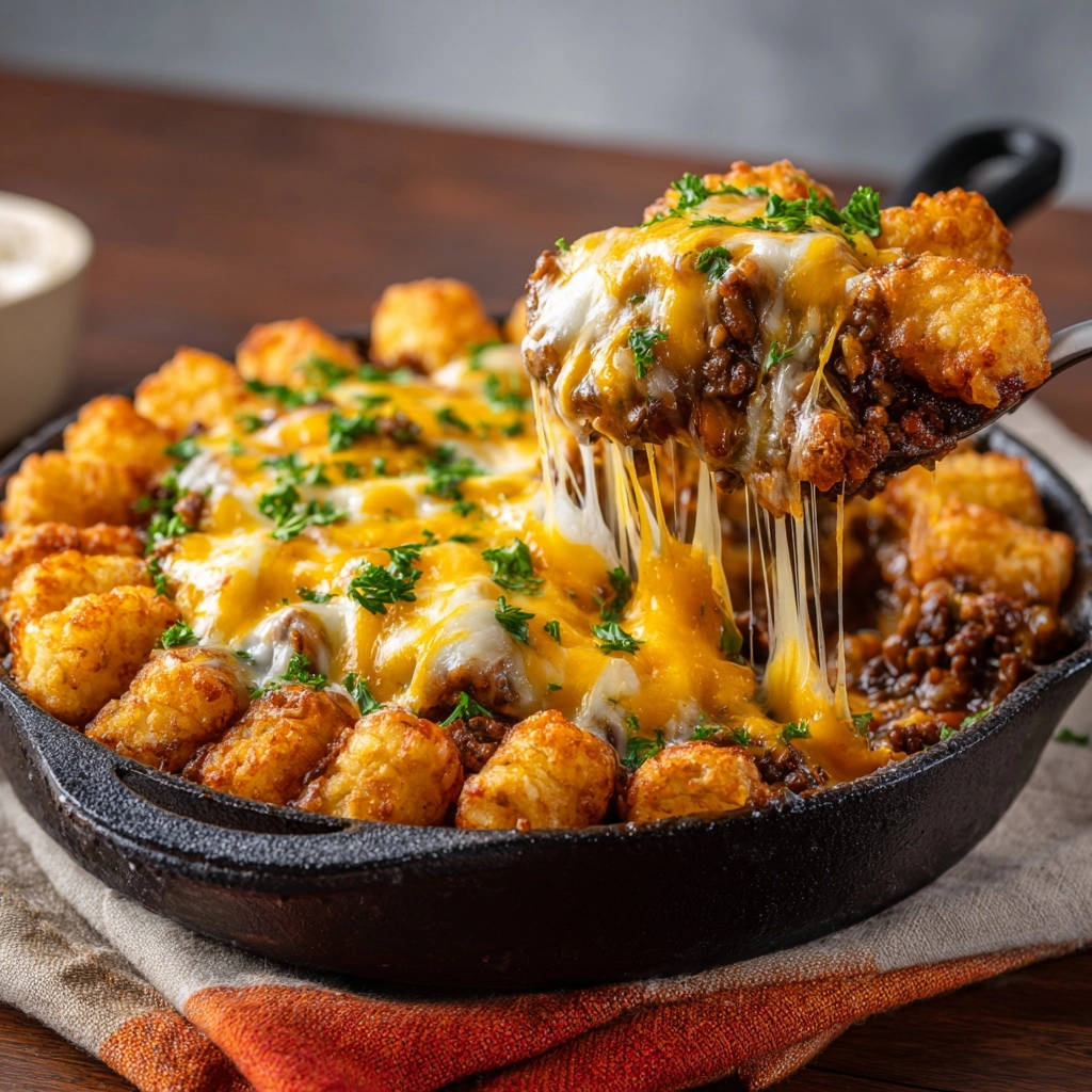 Skillet Tater Tot Hotdish Close Up Cheese Pull