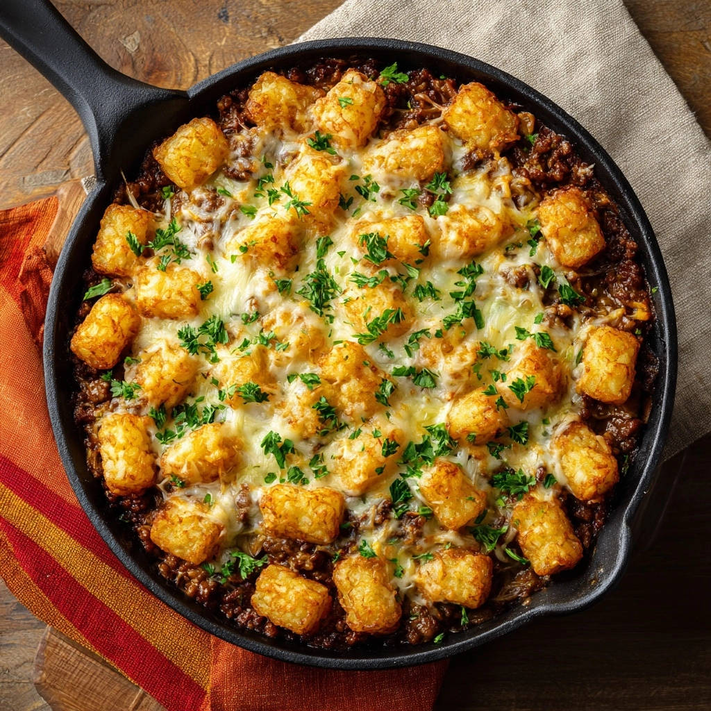 Skillet Tater Tot Hotdish Overhead View 1