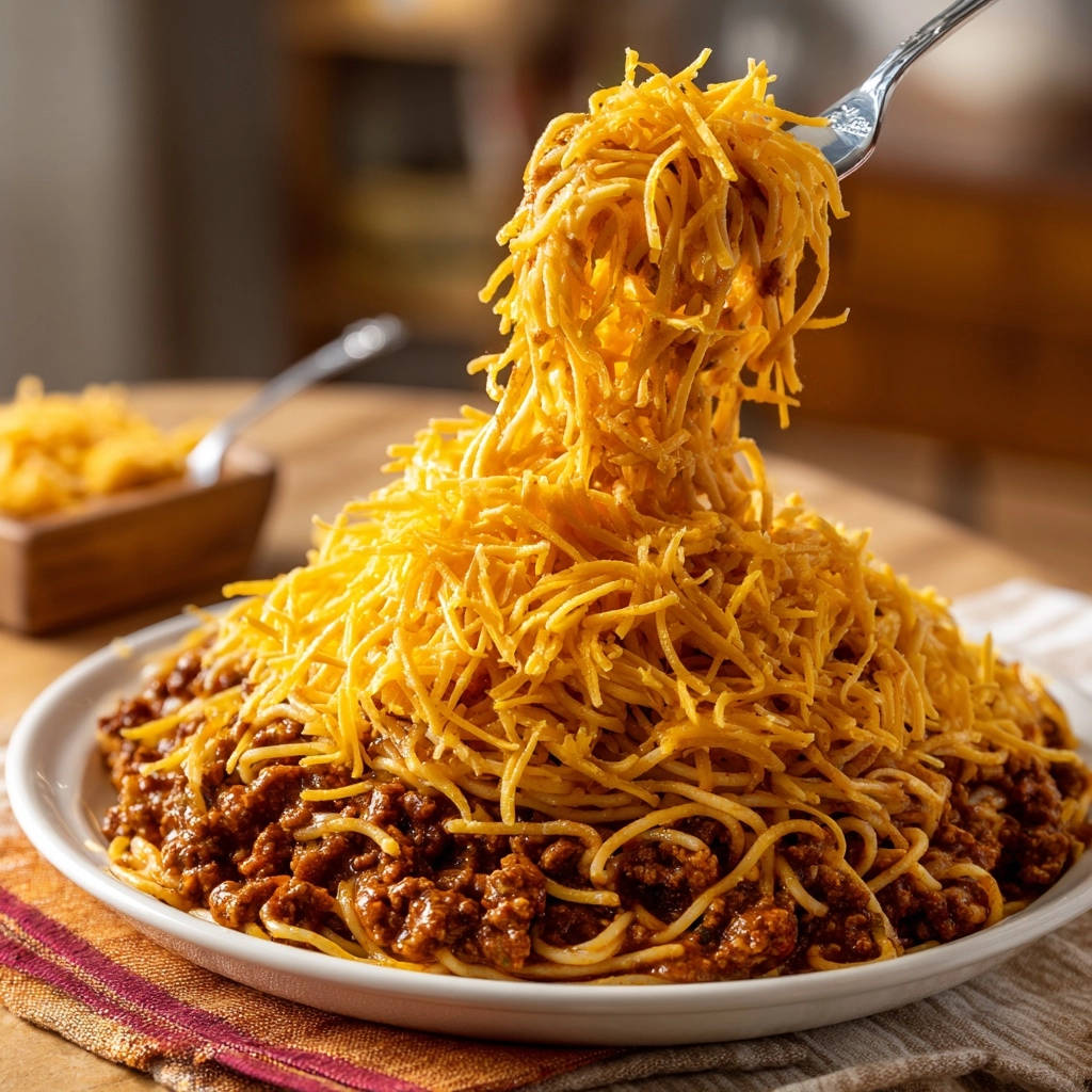 Spaghetti Chili Forkful Of Shredded Cheese