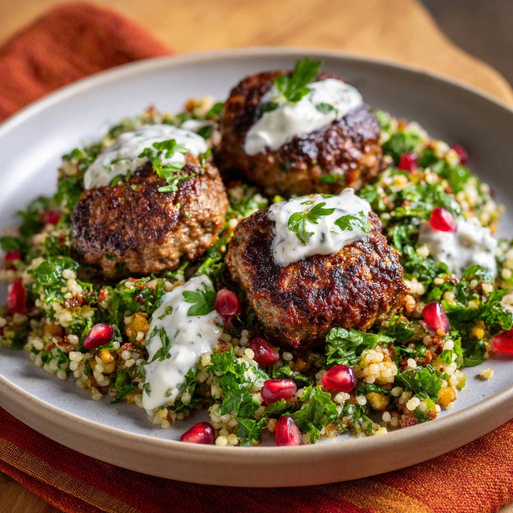 Spiced Meatball & Couscous Bowls feature browned meatballs, couscous, kale, pomegranate seeds, and a creamy yogurt sauce.